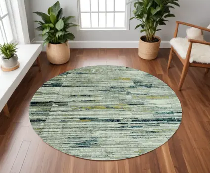 8' Ivory And Blue Abstract Round Rug