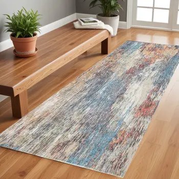 8' Blue And Beige Abstract Runner Rug