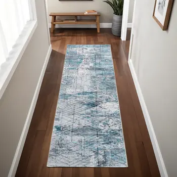 2' X 7' Blue Gray Abstract Cuboid Modern Runner Rug