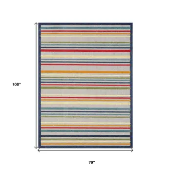 7' X 9' Ivory And Blue Striped Stain Resistant Indoor Outdoor Area Rug