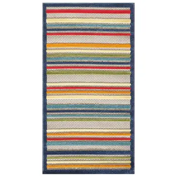 7' X 9' Ivory And Blue Striped Stain Resistant Indoor Outdoor Area Rug