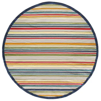 8' Round Ivory And Blue Round Striped Stain Resistant Indoor Outdoor Area Rug