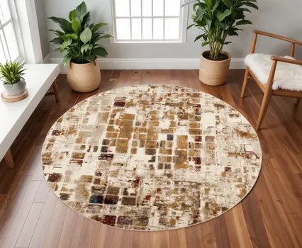8' Natural Round Abstract Tiles Area Rug