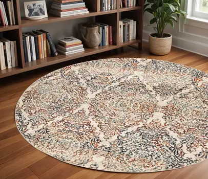 8' Ivory Round Oriental Area Rug