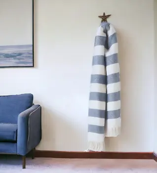 Cream and Slate Slanted Stripe Fringed Throw Blanket