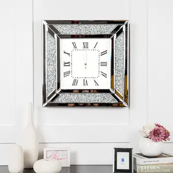 Diamond and Silver Mirrored Square Wall Clock
