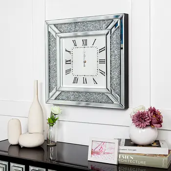 Diamond and Silver Mirrored Square Wall Clock