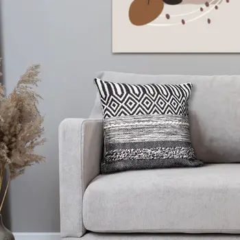 18" Beige and Black Cotton Throw Pillow With Embroidery