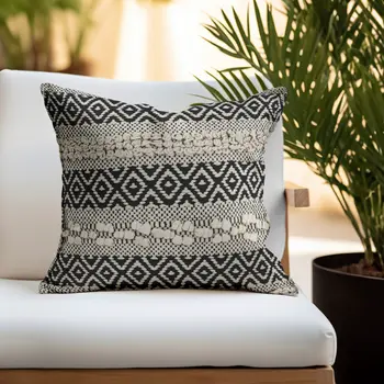 18" Beige and Black Cotton Throw Pillow With Embroidery