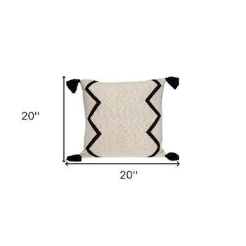 20" x 20" Black and Cream Zigzag Pattern Square Accent Throw Pillow with Tassel