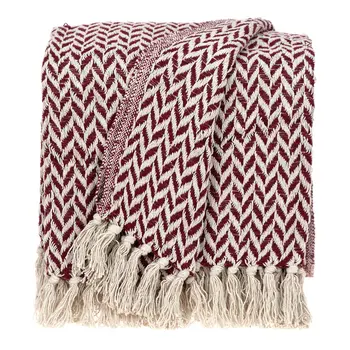 52" X 67" Burgundy And Ivory Cotton Woven Herringbone Throw Blanket with Tassels