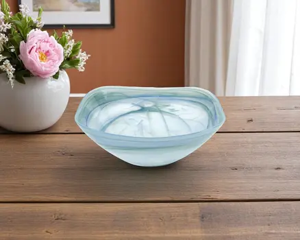 10" Aqua Blue And White Alabaster Glass Square Salad Bowl