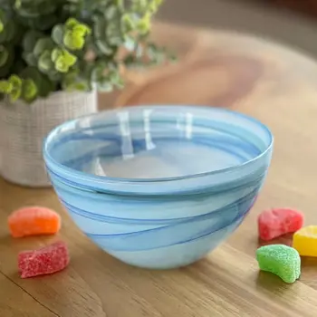 Set of Two 6" Aqua Blue And White Alabaster Glass Round Candy or Nut Bowls