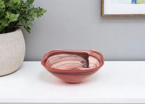 Set of Two 6" Red And White Alabaster Glass Square Salad Bowl