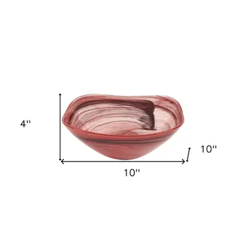 10" Red And White Alabaster Glass Square Salad Bowl
