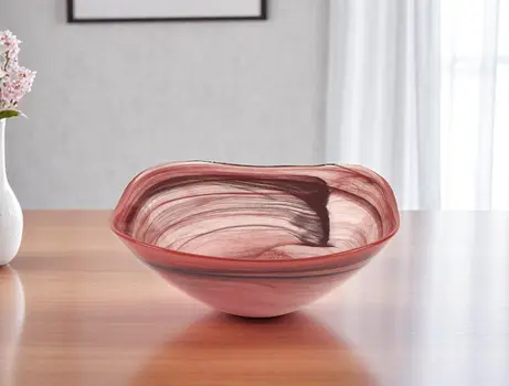 10" Red And White Alabaster Glass Square Salad Bowl