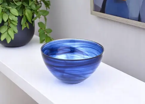 6" Cobalt And White Alabaster Glass Round Candy or Nut Bowl