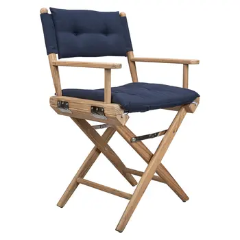 23" Natural Solid Wood Outdoor Folding Director Chair with Navy Blue Cushion