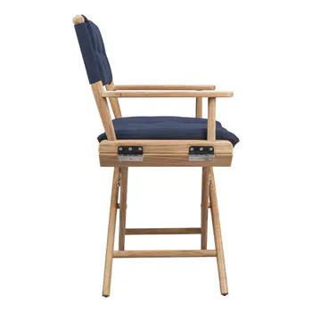 23" Natural Solid Wood Outdoor Folding Director Chair with Navy Blue Cushion