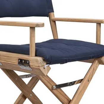 23" Natural Solid Wood Outdoor Folding Director Chair with Navy Blue Cushion