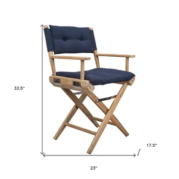23" Natural Solid Wood Outdoor Folding Director Chair with Navy Blue Cushion
