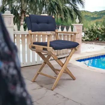 23" Natural Solid Wood Outdoor Folding Director Chair with Navy Blue Cushion