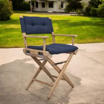 23" Natural Solid Wood Outdoor Folding Director Chair with Navy Blue Cushion