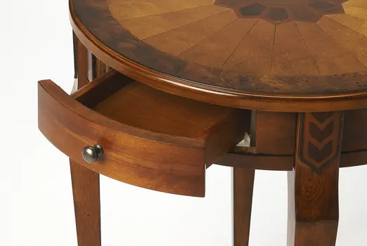 24" Medium Brown And Olive Ash Manufactured Wood Round End Table With Drawer