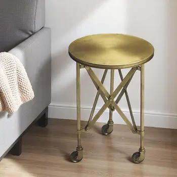 24" Antiqued Gold Iron Round Rolling End Table