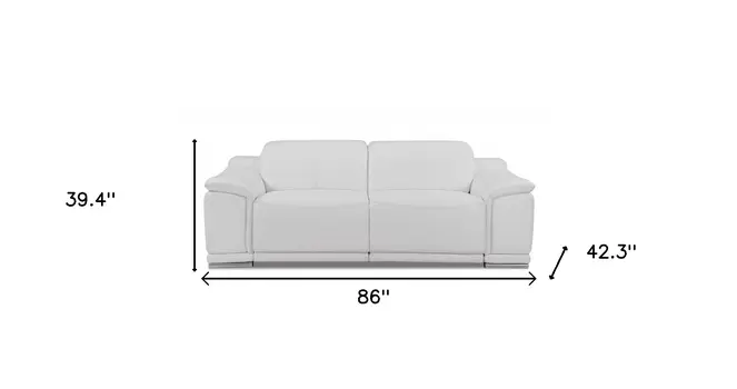 86" White Italian Leather USB Reclining Sofa With Silver Legs