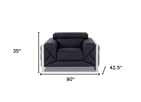Three Piece Indoor Black Italian Leather Six Person Seating Set
