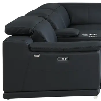 Black Italian Leather Power Reclining U Shaped Seven Piece Corner Sectional With Console
