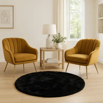 6' X 6' Black Round Faux Fur Washable Non Skid Area Rug