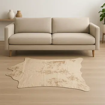 4' X 5' Off White And Silver Faux Cowhide Animal Print Shag Hand Knotted Washable Area Rug