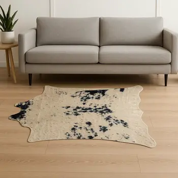 4' X 5' Off White Black And Gold Faux Cowhide Non Skid Area Rug