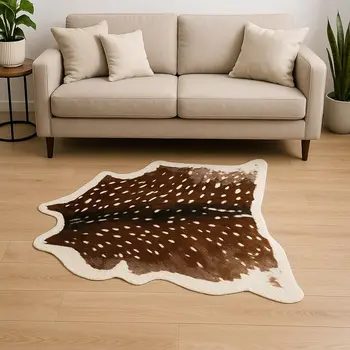 4' X 5' Off White And Brown Faux Cowhide Non Skid Area Rug