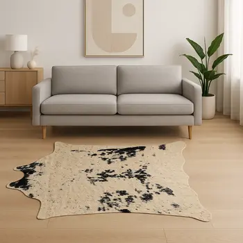 5' X 8' Off White Black and Gold Faux Cowhide Washable Area Rug