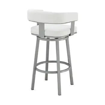 30" White And Gray Faux Leather And Iron Swivel Low Back Bar Height Bar Chair
