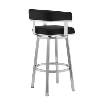 26" Black And Silver Faux Leather And Iron Swivel Low Back Counter Height Bar Chair