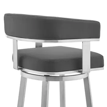 26" Gray And Silver Faux Leather And Iron Swivel Low Back Counter Height Bar Chair