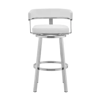 26" White And Silver Faux Leather And Stainless Steel Low Back Counter Height Swivel Bar Chair
