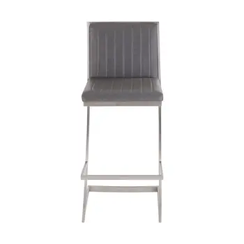 26" Gray And Silver Faux Leather And Iron Counter Height Bar Chair