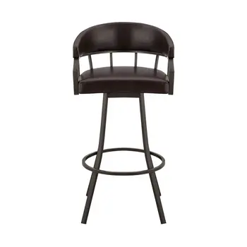 30" Brown Faux Leather And Iron Swivel Low Back Bar Height Bar Chair