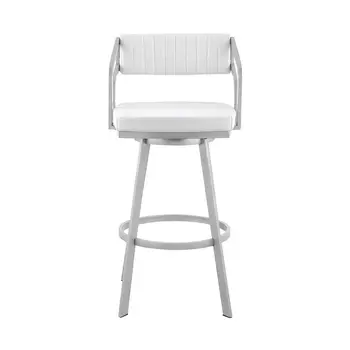 26" White And Silver Iron Swivel Low Back Counter Height Bar Chair