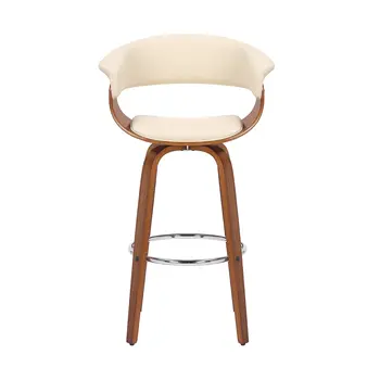 27" Cream and Brown Faux Leather and Solid Wood Low Back Counter Height Swivel Bar Chair