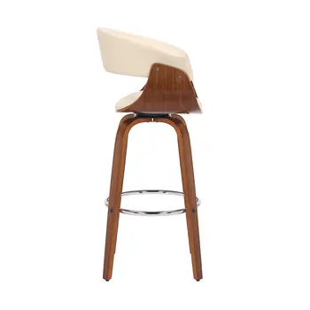 27" Cream and Brown Faux Leather and Solid Wood Low Back Counter Height Swivel Bar Chair