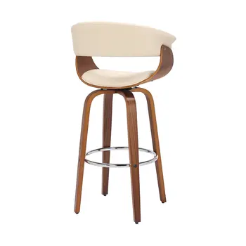 27" Cream and Brown Faux Leather and Solid Wood Low Back Counter Height Swivel Bar Chair
