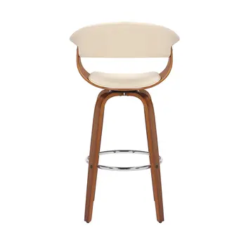 27" Cream and Brown Faux Leather and Solid Wood Low Back Counter Height Swivel Bar Chair