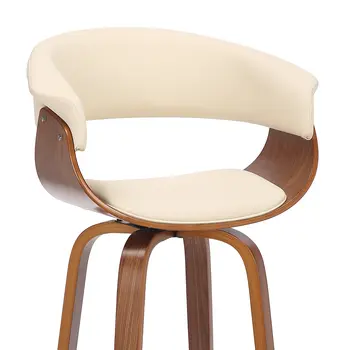 27" Cream and Brown Faux Leather and Solid Wood Low Back Counter Height Swivel Bar Chair