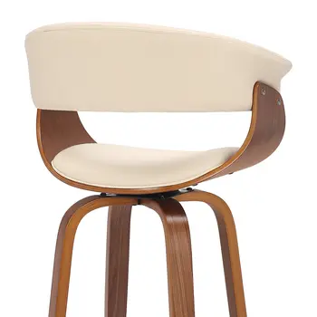 27" Cream and Brown Faux Leather and Solid Wood Low Back Counter Height Swivel Bar Chair